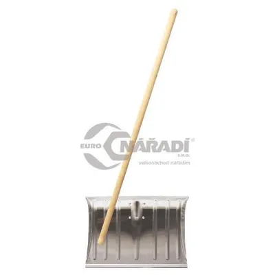 A snow shovel with a wooden handle is shown against a white background. A logo is visible.