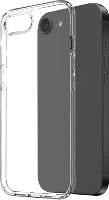 A clear protective phone case is shown next to a dark-colored smartphone.