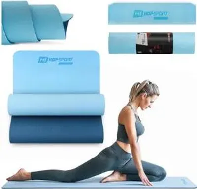 Obrázok produktu pre Podložka na jogu Hop-Sport HS-T006GM na gymnastiku a pilates z TPE je protišmyková a skladacia podložka - 183 x 61 x 0,6 cm - modrá/svetlomodrá
