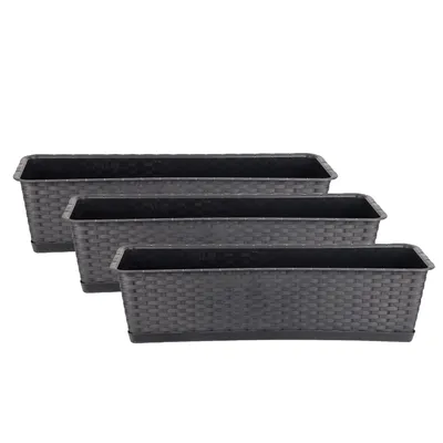 Produktbild von BigDean 3er Set Blumenkasten mit Untersetzer 60 cm lang Rattan-Optik anthrazit - aus PP-Kunststoff - Balkon Pflanzkasten schmal Balkonkasten