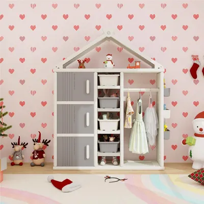 Produktbild von Kinderspielzeugschrank – Spielzeugkasten – Bücherregal – Aufbewahrungsregal – Kleiderstange – Grau – Inklusive 4 Aufbewahrungsboxen