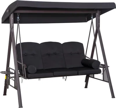 Produktbild von 3-Sitzer Hollywoodschaukel Gartenschaukel mit Sonnendach und Kissen, Metall & Polyester, Schwarz, 116 x 206 x 183 cm