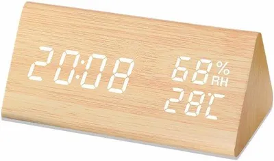 Obrázek produktu pro Digitální budíky v dřevěném designu, s LED displejem, měřením teploty a vlhkosti, 3 nastavitelnými budíky, 3 úrovněmi jasu, vhodné pro domácnost, ložnici, kancelář i na cesty.