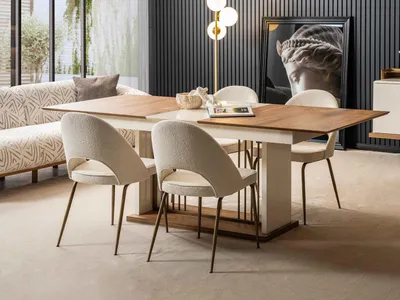 Produktbild von Beiges Esszimmer Set Rechteckiger Holztisch Designer 4x Polsterstühle