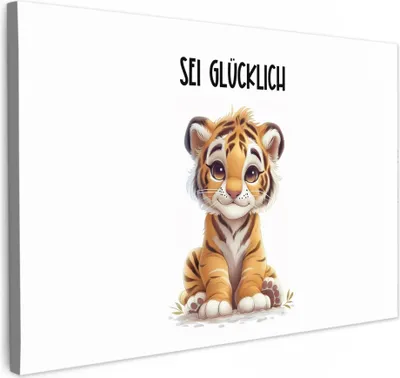 Produktbild von MuchoWow® - Leinwandbilder - Tiger - Glücklich sein - Zitat - Tier, Wandbild, Wanddeko Bilder Wohnzimmer, 90x60 cm