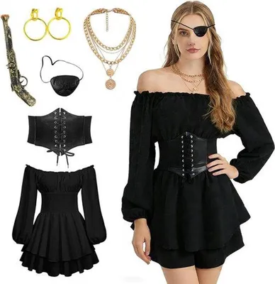 Productafbeelding van Piratenkostuum voor dames, met een witte middeleeuwse blouse en een korsetband, geschikt voor Halloween en carnaval