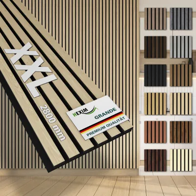 Produktbild von HEXIM Akustikpaneele 280x30cm Holz Grande - XXL Wandpaneele Platten Lamellen Holzpaneele Echtholzfurnier 21mm Filz Schalldämmung MDF Hellbraun (0,85m² Light Oak)
