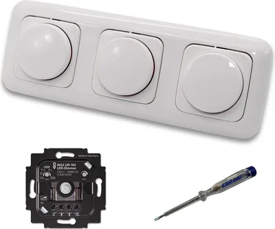 Produktbild von Busch Jäger 6523UR-103 (3 Stück) LED Drehdimmer Dimmer + Dimmerscheiben 2115-214 in ReflexSi alpinweiß glänzend im 3-fach Rahmen inkl. EBROM Phasenprüfer zur Montage der Geräte 6523 UR-103
