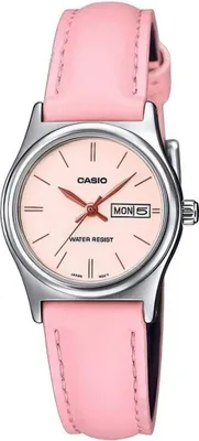 A close-up studio shot of a pink Casio watch.