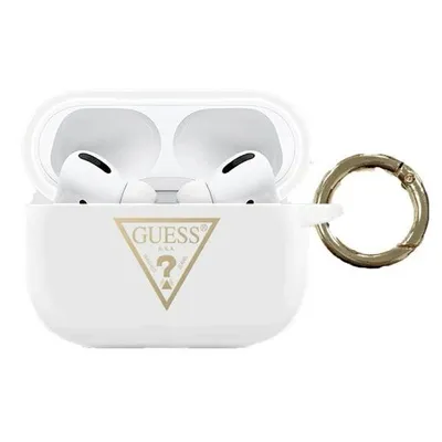 A white AirPods Pro case with a gold Guess logo and a gold keychain attached.