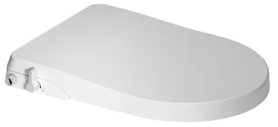 A white toilet seat attachment with controls on the side, shown from a diagonal angle against a white background.