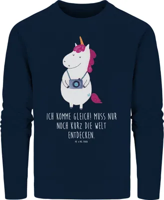 Produktbild von Mr. & Mrs. Panda Baumwoll Sweatshirt Einhorn Fotograf Größe S - French Navy - Geschenk, Sweater, Kamera, Reisen, Weltenbummler, Organic Baumwolle Pullover, Einhörner, Pulli