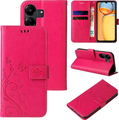 A collage of images showing a pink floral butterfly flip phone case for a Xiaomi Redmi 13C.