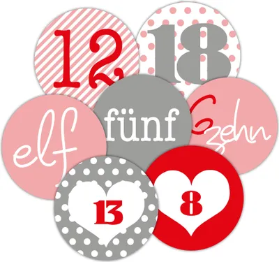 Produktbild von 24 Adventskalenderzahlen AUFKLEBER ROSA-ROT, Durchmesser 4 cm / Sticker, Weihnachten, Adventskalender, DIY Kalender
