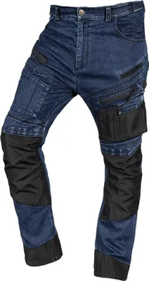 A pair of blue denim work pants with black reinforced knee and lower leg panels, presented against a white background.