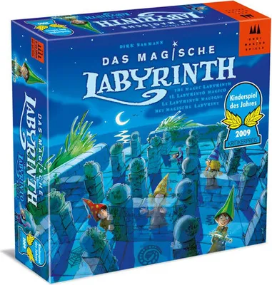 A product box for the board game 'Das magische Labyrinth' is shown from a slightly elevated, diagonal angle.