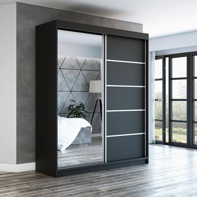 Schwebetürenschrank, 2-türig Schrank mit 2 Schubladen und Spiegel! Moderne Garderobe für Kleidung. Verschiedene Farben (Weiß, Schwarz, Somona) Kleiderschrank PIK 180 cm