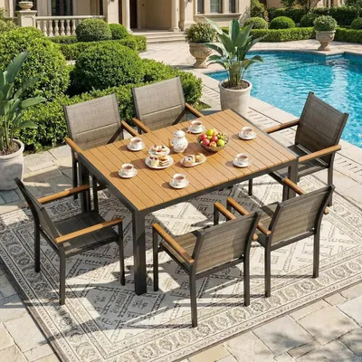 Produktbild von Gartenstuhl-Set mit 6 Stühlen - Aluminium - Textilene - Stapelbar - Mit Armlehnen - Leinenbraun