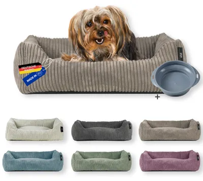Produktbild von Rohrschneider Hundebett | für kleine Hunde | mit Hundekissen Cord | waschbarer Bezug | inkl. Futternapf, Farbe:taupe