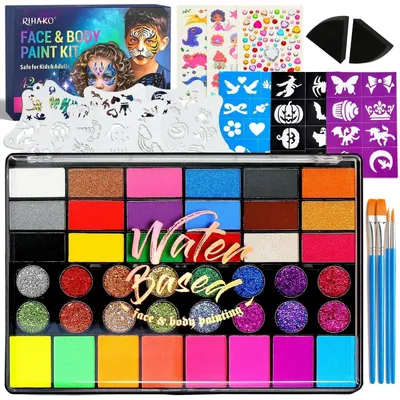 Produktbild von Schminkset für Kinder, Gesichtsbemalungsset 42 Farben, Körperbemalungsset mit Schablonen, Pinsel, Edelsteinen für Karneval, Halloween
