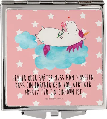 Produktbild von Mr. & Mrs. Panda Schminkspiegel Einhorn Verliebt - Rot Pastell - Geschenk, Frauen Spiegel, Unicorn, Liebe, Freundin, Kosmetikspiegel, Handspiegel, Klappbarer, Einhörner