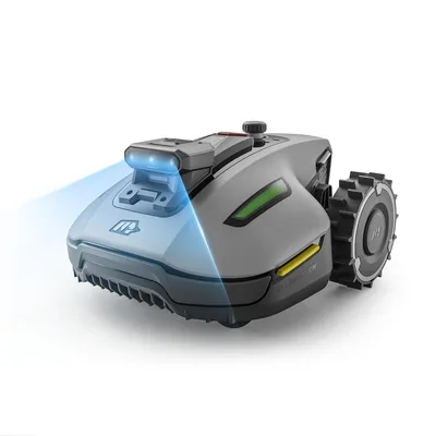A robotic lawnmower shown from a three-quarter front angle on a white background.