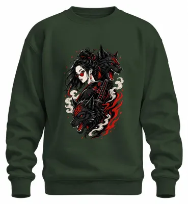 Obrázek produktu pro Japonská válečnice, dva vlci, katana, Japonsko, mikina s potiskem "Samuraj", barva: zelená, velikost: XL