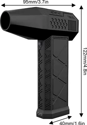 A black electronic air duster with dimensions indicated.