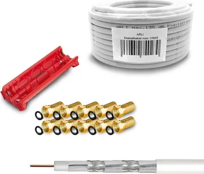 Produktbild von 50m ARLI Koaxialkabel max. 135dB + Abisoliermesser + 10x F-Stecker vergoldet