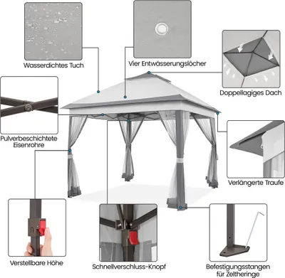 Produktbild von Yaheetech Gartenpavillon 3,3 x 3,3 m Pop Up Gartenlaube Doppeldach Stabil Wasserdicht höhenverstellbar Pavillon mit 4 Netzwänden, Hinterhof-Pavillon