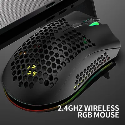 Obrázok produktu pre Bezdrôtová herná myš 2,4 GHz, dobíjateľná myš s RGB osvetlením, 3 nastaviteľné rýchlosti pohybu, dutý dizajn vo forme včelích plástov, biela