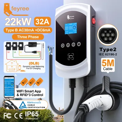 Imagen del producto de Cargador de pared de 22 kW, 32A, trifásico - Conector Tipo 2 - Cable de 5 metros - Protección IP66 (resistente al agua)
