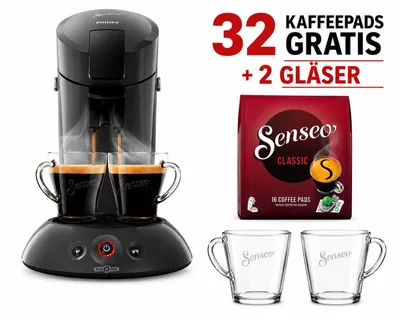 Produktbild von Philips Senseo Eco Kaffeepadmaschine HD6552/39 inkl 2 Gläser und 32 Kaffeepads