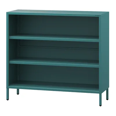 A teal metal bookshelf with three shelves against a white background.