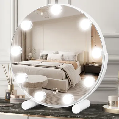 Productafbeelding van Puluomis make-upspiegel Hollywood, 40 cm, met verlichting. Make-upspiegel met 9 LED-lampen, 3 kleuren, dimbaar, met USB-aansluiting, 10x vergroting, ronde witte spiegel voor op het aanrecht