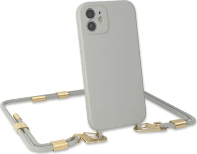 Produktbild von EAZY CASE Handykette Silikon mit Clips 2 in 1 kompatibel mit Apple iPhone 12 Handyhülle mit Umhängeband, Handykordel mit Silikon, Hülle mit Band, Kette für Smartphone, Taupe - Clips Gold