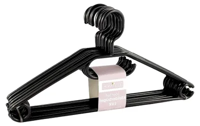 Produktbild von 100 Stück schwarze Sustania Kunststoffkleiderbügel mit Antirutsch-Rillen, Hosensteg, Krawattenhalter und Rockaufhängekerben