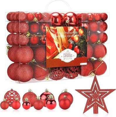 Productafbeelding van Famanu kerstbalset, 100 stuks - kunststof, rood, 6 cm/4 cm/2 cm