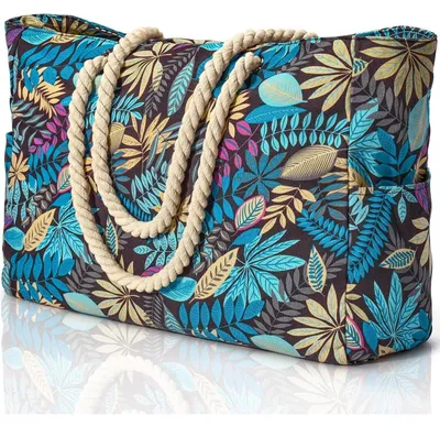 Zdjęcie produktu dla Pojemna torba plażowa XXL dla kobiet, składana, z zamkiem, wzór: niebieskie liście, wymiary: 53x37x18 cm