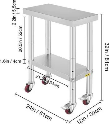 Image de Chariot de cuisine à roulettes - Table de service - Plateau de travail en acier inoxydable - 61 x 30 x 81 cm - Réglable