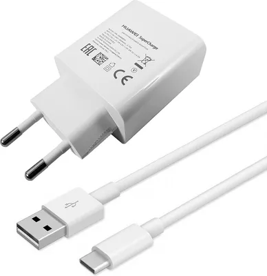 A white Huawei SuperCharge USB-C charger and cable set on a white background.