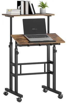 Productafbeelding van In hoogte verstelbaar bureau, keukentafel met plank, wielen, rustiek bruin computerbureau, 60 x 60 x 70,5-120 cm