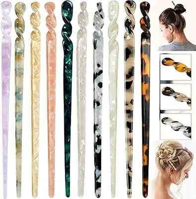 Produktbild von 10 Stück Acetat-Haarstäbe im Schildpatt- und Leopardenmuster, Vintage-Haarnadeln mit Retro-Design, Scheiben-Haarspange und Gabel für das Haarstyling von Frauen und Mädchen