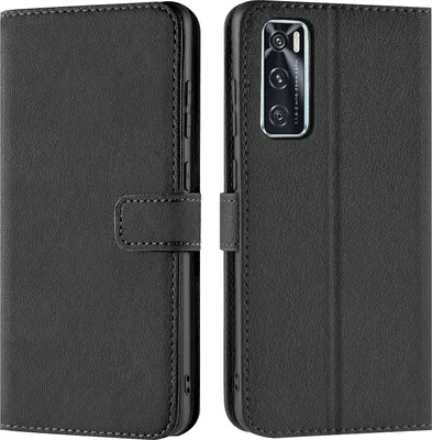 A black flip case for a smartphone is shown from the front and back.