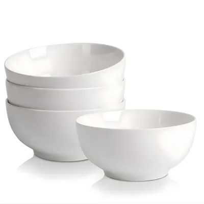 Produktbild von 4er Set Keramik Schalen 590 ml – Porzellan Suppen- & Pastaschalen 23 oz – Cremeweiß – Mikrowellen- & Spülmaschinengeeignet