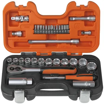 Produktbild von Bahco Steckschlüsselsatz Chrom Vanadium Stahl 33tlg. 1/4 Zoll+ 1 / 8 Zoll für 4-kant-Antrieb - S330