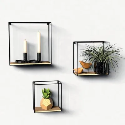 Produktbild von Famanu Wandregal Set 3er, Holz und schwarzes Metall, schwebende Regale für Wohnzimmer oder Küche