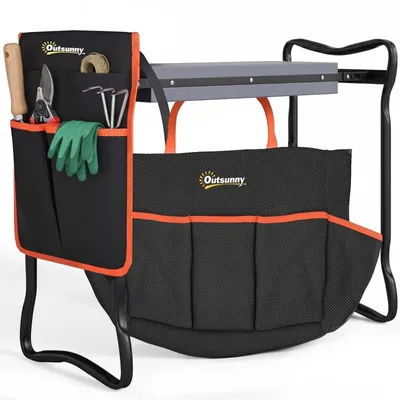 Produktbild von Gartenhocker – Klappbarer Gartenhocker – Mit Kissen – Inklusive Werkzeugtasche an der Seite – Belastbarkeit: 150 kg – 60 x 27 x 49 cm – Schwarz