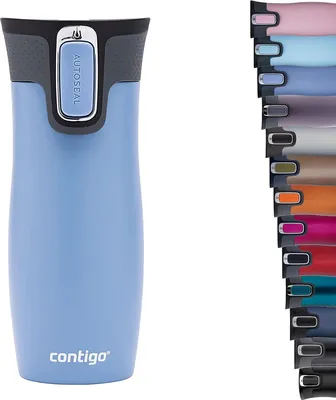 A light blue Contigo travel mug is shown on the left, with a stack of other colored travel mugs on the right.