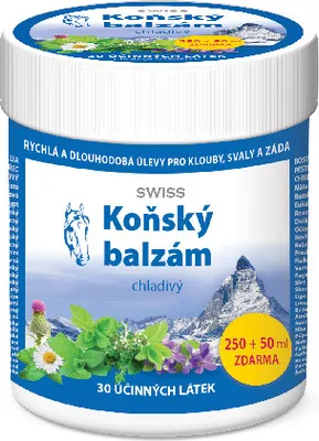 A product shot of a jar of Swiss Horse Balm, with a mountain landscape and herbs in the background.
